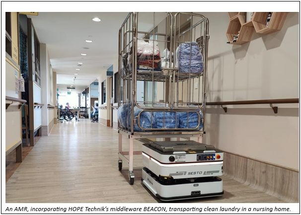 An AMR, incorporating HOPE Technik’s middleware BEACON, transporting clean laundry in a nursing home.